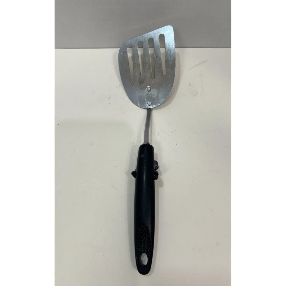 EKCO Spatula Slotted Angled  Chromium Plated Black Handle USA 13” Melt Marks